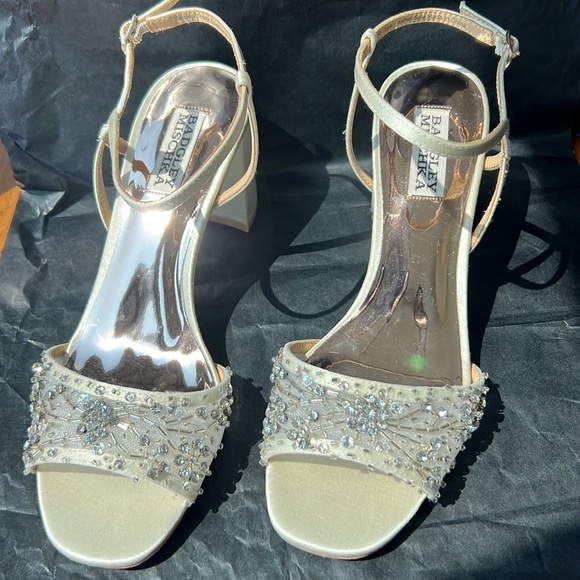 Badgley Mischka Blaine Ivory Satin Beaded Mesh Dress Sandals - Picture 12 of 13
